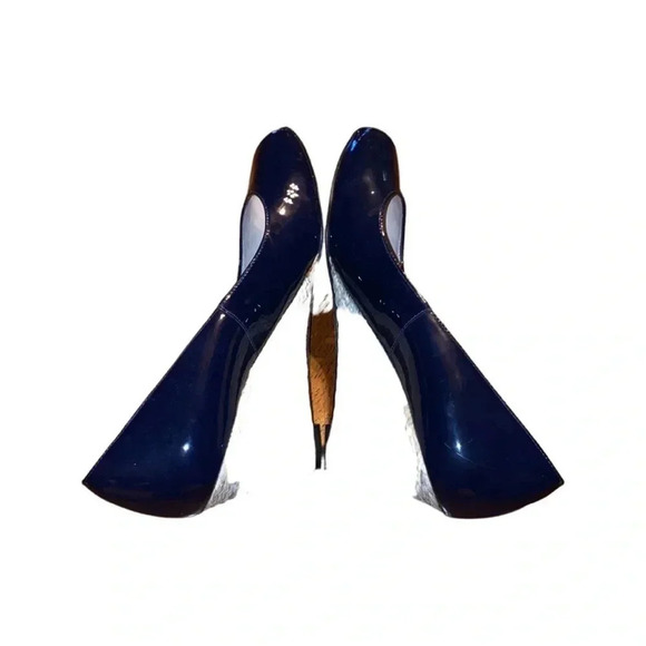 LK Bennett Navy Blue Edee Patent Leather Peep Toe Wedges Size 39.5 - Picture 3 of 7